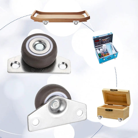 Set of four 1.25 inch small low profile caster wheels with steel top plate for furniture drawers and DIY projects, shown installed.