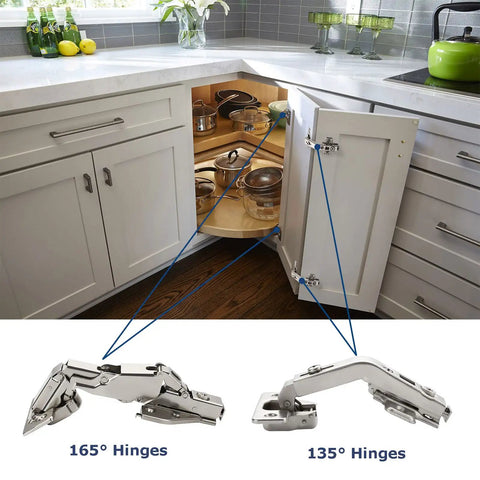Kitchen cabinet showing 135 Degree Cabinet Corner Hinge Set For Folded Doors Heavy Duty Workhorse Metal Cup Hinges in use