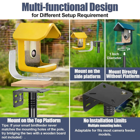 Heavy Duty 1 Inch Bird Feeder Pole 63 Inch Adjustable Backyard Stand With 10 Inch Base Black Weatherproof Metal Mounting Kit multiple setup options