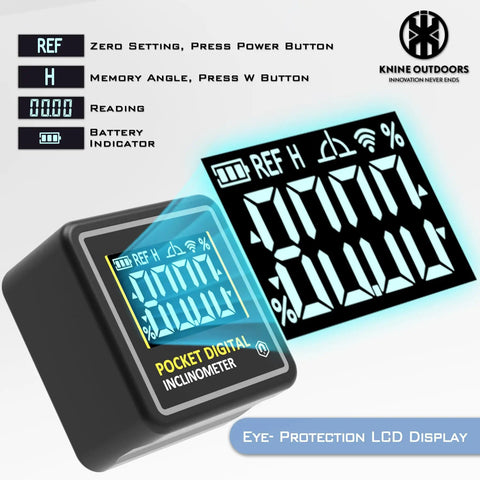 Mini Digital Angle Finder With Beefed Up Four Side Magnets For Table Saw Miter Protractor And Woodworking Measurements Plus Built In Level Box showing LCD display and battery indicator.