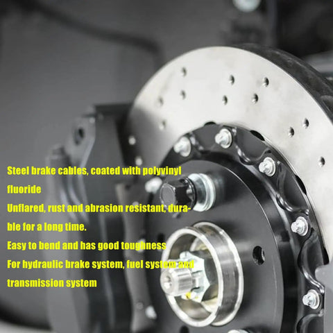 Close-up of a steel brake system highlighting the hub and rotor, compatible with 5m Steel Brake Line Kit With PVF Coating For Durable Hydraulic Brake System Replacement, Flexible Routing For Cars, Trucks And SUVs, 4.75mm Connectors And Screws Included, Universal Fit And Easy Install Bolt In.