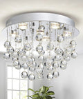 Six-Light Modern Crystal Chandelier With K9 Crystals, Flush Mount Ceiling Fixture in room, raindrop style, 13 in tall, 20 in wide