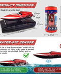 Mini RC Boat For Kids 8 To 12 Years Old 2.4GHz Remote, shown with dimensions and water-off sensor features.