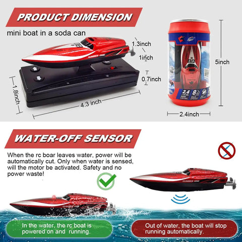 Mini RC Boat For Kids 8 To 12 Years Old 2.4GHz Remote, shown with dimensions and water-off sensor features.