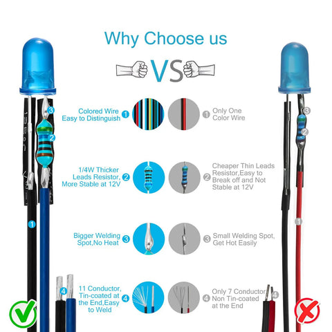 Lit 120 Piece LED Diode Light Kit With 6 Colors, 12V 5mm Lights comparison showing thicker leads and colored wires.