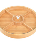 Top Grade Bamboo Serving Platter With Built-In Dividers, 12 Inch Snack Board For Fresh Fruit And Nuts, circular bamboo tray with glass knob.