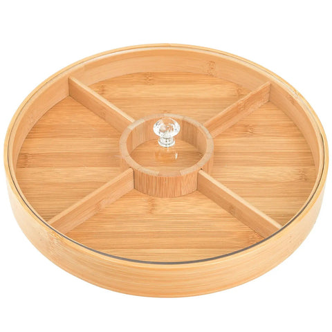 Top Grade Bamboo Serving Platter With Built-In Dividers, 12 Inch Snack Board For Fresh Fruit And Nuts, circular bamboo tray with glass knob.