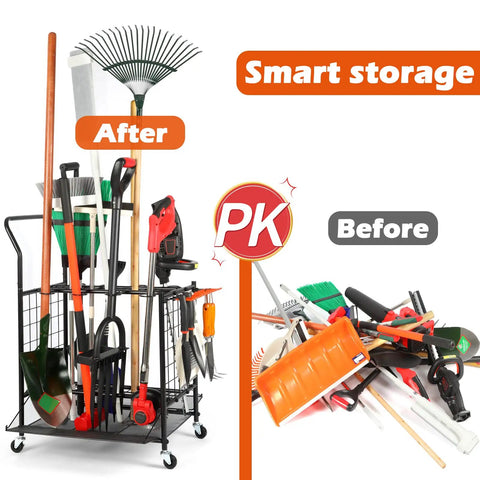 Garden Tool Organizer On Wheels Heavy Duty Steel Tool Tower For Shed Garage Backyard Stores 30 Plus Tools On A Black Locking Cart From Leaf Blowers To Long Handle Rakes Easy Access And Mobile Storage