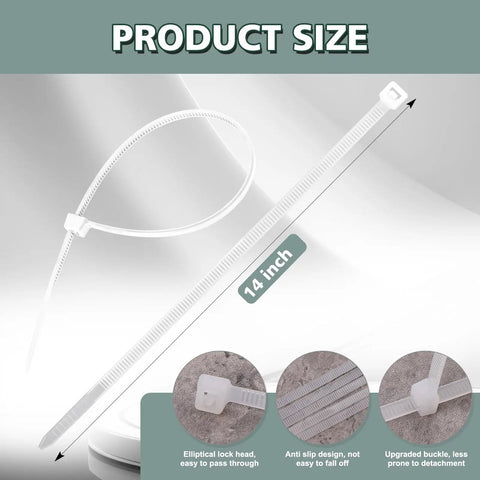 White Clear Zip Ties 14 Inch 100 Pack 60 Lb Beefy Heavy Duty UV Resistant Self Locking Nylon Cable Ties For Outdoor Use
