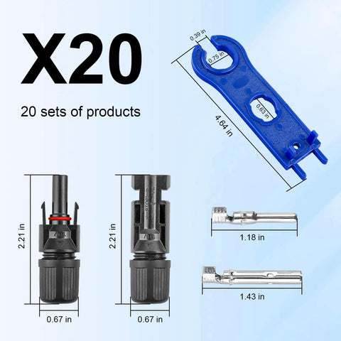 Dimensions of DIY Ready Solar Panel Connector Kit With 40 Pieces And 20 Pairs, Male And Female Connectors, Dual Spanners, IP67 Waterproof