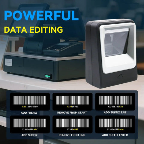 Handsfree Omnidirectional Desktop Barcode Scanner With USB Cable For 1D 2D And QR Codes Image beside POS system