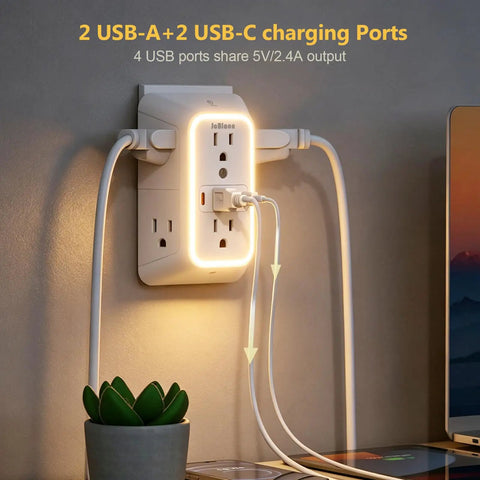 Straight Up Best Wide Spaced Wall Outlet Extender Includes Night Light Six AC Outlets Four USB Charging Ports And Functions As A Surge Protected Power Strip Doing Heavy Duty Plug Ins Daily with USB ports in use.