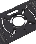 Heavy Duty Router Table Insert Plate Built Like a Boss Using Premium Anodized Aluminum Alloy With Four Tight Rings and Extra Screws for Flawless Workshop Woodworking Projects top view showing engraved measurement markings.