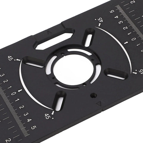 Heavy Duty Router Table Insert Plate Built Like a Boss Using Premium Anodized Aluminum Alloy With Four Tight Rings and Extra Screws for Flawless Workshop Woodworking Projects top view showing engraved measurement markings.