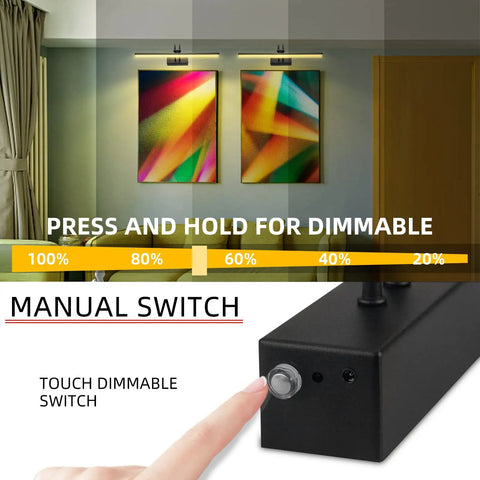 Cordless 16 Inch Picture Light With Timer And Dimmable LED Rechargeable 5000mAh Battery Lets You Brighten Art Frames Portraits And Gallery Pieces On Wall USB Charge Black Metal Finish shown with wall art and dimmable light feature