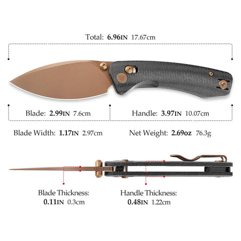Koala Plus-BM Folding Knife With 2.99 Inch Blade For EDC And Camping, 14C28N Stainless Steel, side view with measurements.
