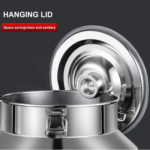 Hanging lid of a Heavy Duty 304 Stainless Steel Milk Jug With Slick Airtight Seal Prime Food Storage Container.