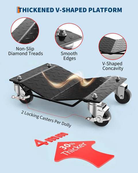 Heavy Duty Vehicle Positioning Dolly Set With Anti Slip V Shaped Tire Platform, 3,000 Lb Capacity Per Set Of Four, Rugged Steel Frame For Safe Moving Of Cars, SUVs, Trucks And ATVs, 4mm thick