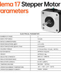 NEMA 17 bipolar stepper motor with metal faceplate and protruding shaft, front view beside electrical parameter chart.