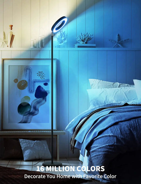Smart RGBW Floor Lamp With Double Side Lighting 2400 Lumen Dimmable LED Standing Lamp beside a bed, emitting blue light