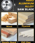 Image showing a 6 inch hard aluminum alloy saw blade with wood, plywood, density board, and PVC pipe samples.