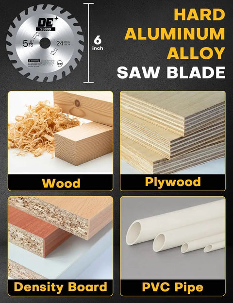 Image showing a 6 inch hard aluminum alloy saw blade with wood, plywood, density board, and PVC pipe samples.