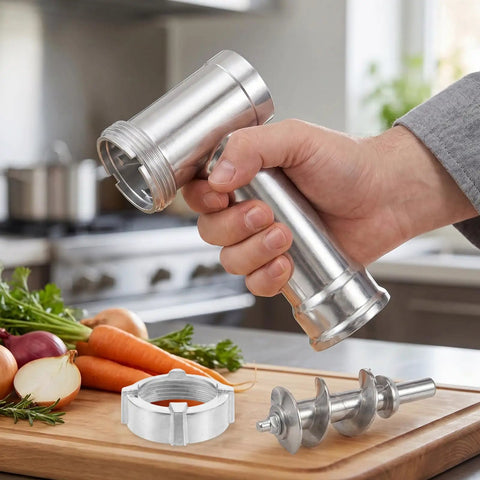 Electric Meat Grinder Replacement Parts Aluminum Alloy Grinder Tube For Home Kitchen Sturdy Meat Mincer Spare Tool Kit To Speed Up Grinding And Make Sausage Like A Pro. Aluminum replacement tube shown in hand