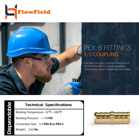 Half Inch PEX B Brass Fittings Set With Drop Ear Elbows Tees And Couplings For Plumbing Includes 5 Brass Elbows And 10 Stainless Cinch Clamps For DIY ready easy PEX installation, featuring a 1/2 in coupling and technical specifications