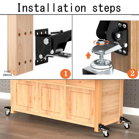 Installation steps for Smooth Rollin Heavy Duty Workbench Casters Kit with four polyurethane wheels and kick step lift riser.