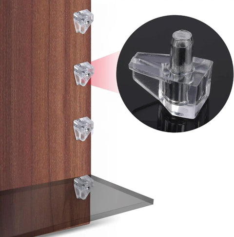 Transparent Shelf Support Pegs 95 Pack For Bookcases And Furniture 5mm Cabinet Clips shown installed on wooden shelf