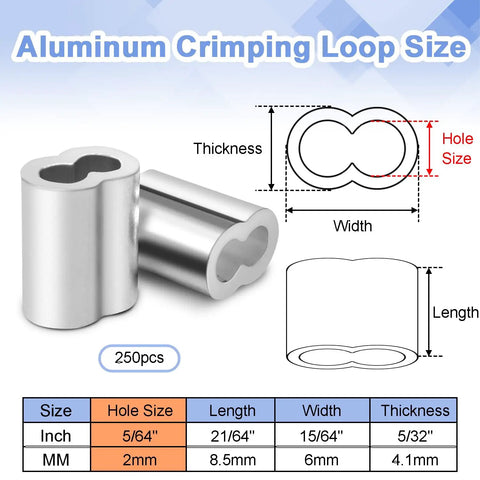 250 Pack Aluminum Double Barrel Cable Crimp Sleeves for Wire Rope Ends One Sixteenth Inch Diameter Easy to Crimp Anti Corrosion Durable Ferrules for Securing Cable and Wire Rope in Marine, Trailer, and DIY Projects, size chart