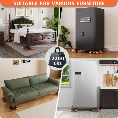 Awesome Heavy Duty Furniture Movers Dolly Set With Auxiliary Lifter Crowbar Base And Anti-Slip Pads Supports Up To 2200 Lbs XL positioned under various large furniture items.