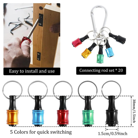 One Quarter Inch Hex Bit Holder Keychain Kit With Quick Change System Aluminum Alloy Carabiner, 5 color bits shown