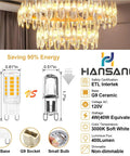 Comparison of G9 LED and halogen bulb with chandelier, highlighting 12 Pack G9 LED Bulbs 4000K Natural Daylight 4W 40W Halogen Equivalent.