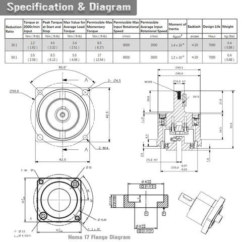 Technical diagram and dimensions for Harmonic Gear Drive Reducer For Nema 17 Motors, Small Strain Wave Gearbox With 30 To 1 Rotary Reduction.