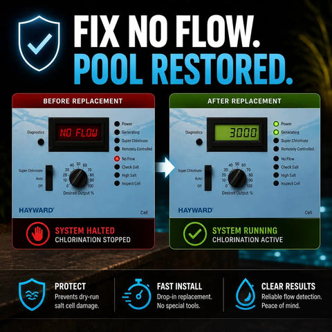Metal Sensing Pool Flow Switch For Hayward Aqua Rite Aquarite Salt Cell, 12 GPM, 15 Ft Cable, Replaces Q 12DS C2 And GLX FLO HP, Pro Logic Aqua Logic OmniLogic Compatible, Fails Safe No Fuss Design Prevents Dry Running. Before-and-after pool control panel