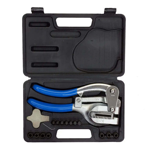 Beefy Heavy Duty Metal Punch Plier With Compound Action And Hardened Dies, Punch Sizes 3 32nd Inch to 9 32nd Inch, in carrying case