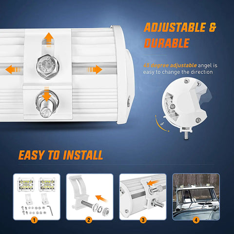 Close-up of adjustable Marine LED Light Pods Four Inch White Spot Flood Combo Two Pack For Pontoon Boats installation guide