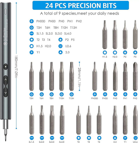 24 bits of 28 In 1 Cordless Electric Screwdriver Kit With 24 Bits Mini Pro Grade Power Precision Tool For Phones Watches Laptops PCs