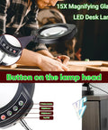15X Magnifying Glass with Light and Stand for Crafting, Reading, and Repair Tasks, control buttons on LED desk lamp head