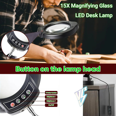 15X Magnifying Glass with Light and Stand for Crafting, Reading, and Repair Tasks, control buttons on LED desk lamp head