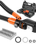 Beefed Up Hydraulic Crimping Tool Kit with 9 Dies for 12-2/0 AWG battery cables, tool and dies displayed with carry case.