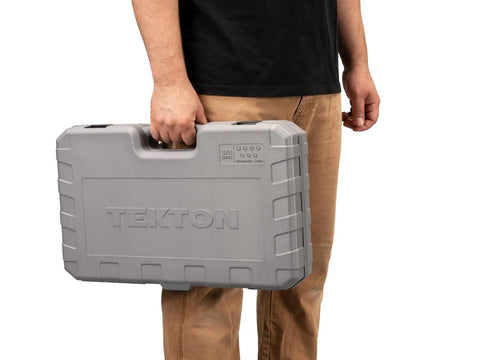 Person holding carrying case for 3/8 Inch Drive Bit Socket Set With Standard And Long Hex Bits Torx And TR Torx Phillips Sockets