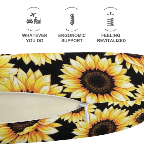 Comfy Travel Neck Pillow For Women, Portable Multi Functional Napping Pillow showing sunflower design with zip opening