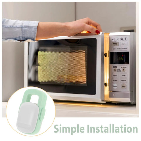 Light green oven door lock shown on a microwave, part of a Sturdy 4 Pack Oven Door Locks For Cabinets And Appliances, Kid Safe Kitchen Safety Locks