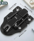 Black iron two pack small toggle latches for wooden boxes and guitar cases shown with measurements and screws included