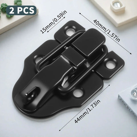 Black iron two pack small toggle latches for wooden boxes and guitar cases shown with measurements and screws included