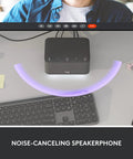 Slick Plug And Play Usb C Laptop Docking Station With Dual Screen Support And Five High Speed Ports Noise Canceling Speakerphone Bluetooth Link For Windows Or Mac Teams Ready Graphite Desktop Hub on desk with keyboard and sticky note.