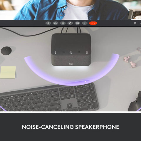 Slick Plug And Play Usb C Laptop Docking Station With Dual Screen Support And Five High Speed Ports Noise Canceling Speakerphone Bluetooth Link For Windows Or Mac Teams Ready Graphite Desktop Hub on desk with keyboard and sticky note.
