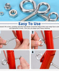 Heavy Duty Stainless Steel Eye Bolt And Nut Kit With Five Sizes Welded Closed Eye Screws For Indoor And Outdoor Hanging 116 Pieces With Nuts DIY Rigging And Ceiling Or Deck Hangers; stainless eye bolts and nuts shown in use